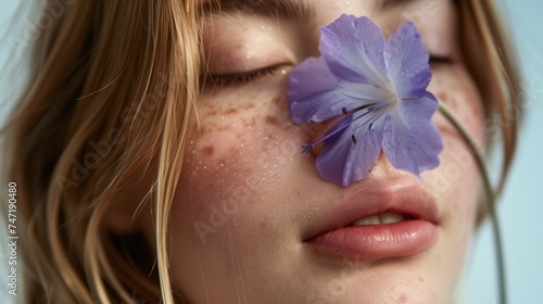 A close-up of a woman's face with closed eyes freckles and a purple flower held up to her nose evoking a sense of tranquility and connection with nature.