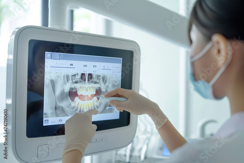 A dentist is analyzing a patient's teeth using a digital X-ray displayed on an interactive touch screen photo