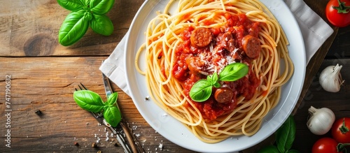 A classic dish of spaghetti with tomato sauce and meatballs served on a rustic wooden table, representing a staple food made with noodles as the main ingredient.
