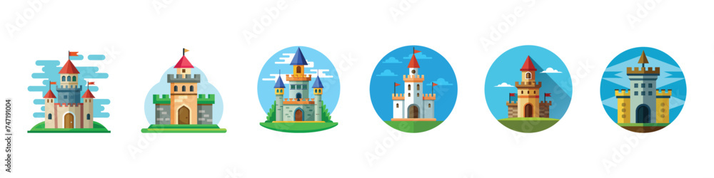 Castle Icon Set, Castle tower. Cute cartoon castle. medieval castles icon set, castle icons set on white background