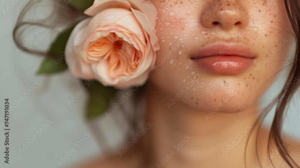 Fototapeta premium A close-up of a woman's face with rose petals and dewdrops highlighting her soft skin and lips.