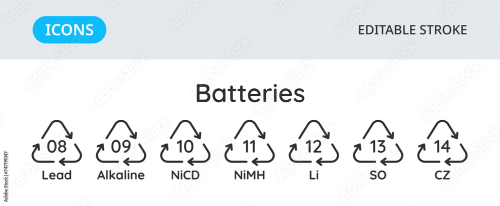Batteries recycling codes icons. Triangular environmental symbols of materials. Set of elements on a white background. Editable stroke. - obrazy, fototapety, plakaty 