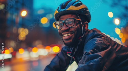 A man with a helmet and glasses smiling at the camera riding a bicycle on a city street at night with blurred lights in the background. © iuricazac