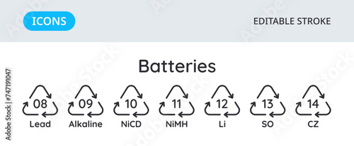Batteries recycling codes icons. Triangular environmental symbols of materials. Set of elements on a white background. Editable stroke.