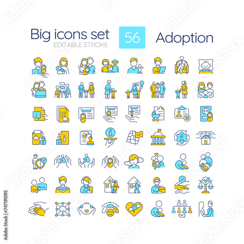 Adoption RGB color icons set. Child custody. Legal process of becoming parents. Happy family. Isolated vector illustrations. Simple filled line drawings collection. Editable stroke