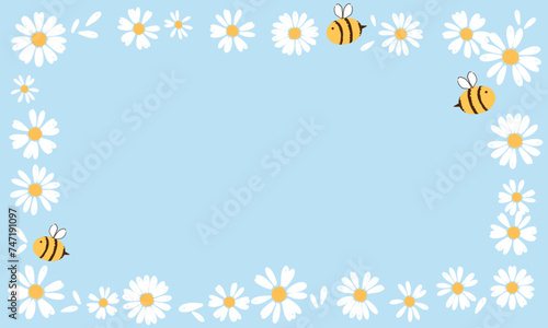 Daisy chamomile flower and bee cartoons on blue background vector.