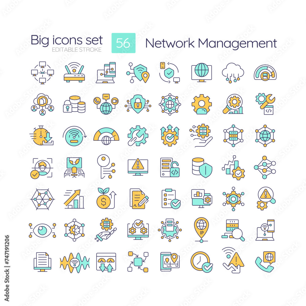 Network management RGB color icons set. System architecture, digital administration. Performance monitoring. Isolated vector illustrations. Simple filled line drawings collection. Editable stroke