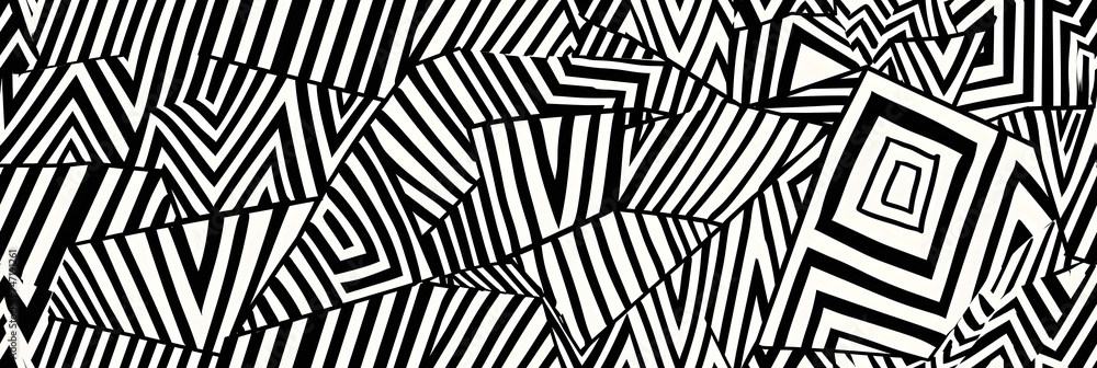 Seamless whimsical abstract hand drawn playful geometric polygon stripe doodle pattern. Trendy black and white diamond geode landscape line art drawing repeating background. Simple monochrome motif.