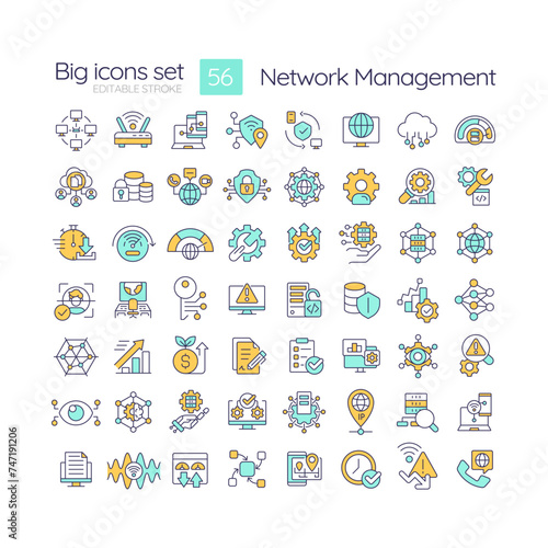Network management RGB color icons set. System architecture, digital administration. Performance monitoring. Isolated vector illustrations. Simple filled line drawings collection. Editable stroke