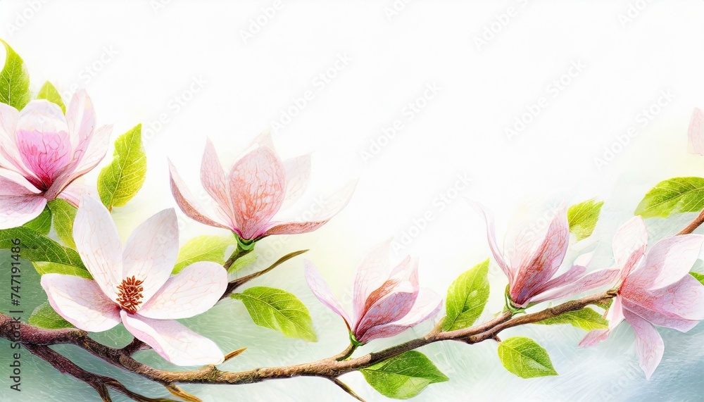 Blooming magnolia branches on a white background. Spring background with space for text