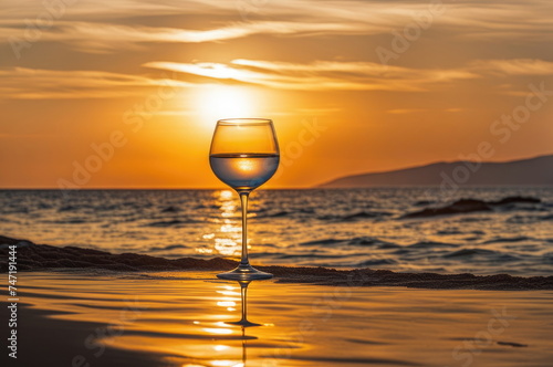 Sunset in Glass of White Wine by the Seashore