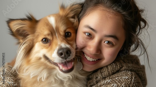 A young woman with a radiant smile embracing a happy brown and white dog with a joyful expression both sharing a moment of affection and happiness.