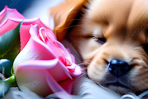Sleeping puppy with rose  Generative AI 