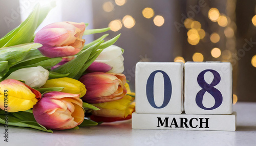 Bukiet tulipanów i kartka z kalendarza z dniem 8 marca. Dzień Kobiet