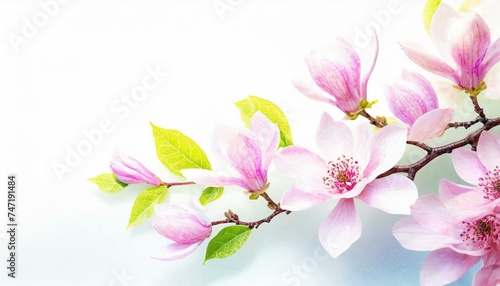  Kwitnące gałązki magnolii na białym tle. Wiosenne tło z miejscem na tekst