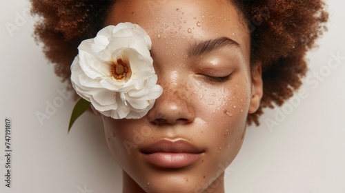 A close-up of a person with closed eyes adorned with a single white flower set against a soft-focus background exuding a serene and ethereal beauty.