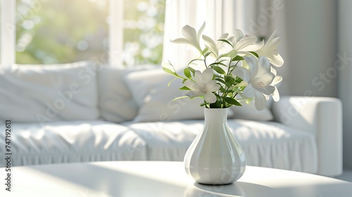 Living room interior design with white vase of fresh lilies on a table  Cozy sofa and greenery in natural light. Home decor inspiration or relaxation concept.