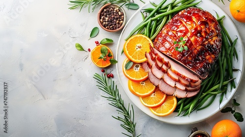 Easter honey polish spiral-sliced ham over a marble table, encased with green beans and oranges and space, Generative AI. photo