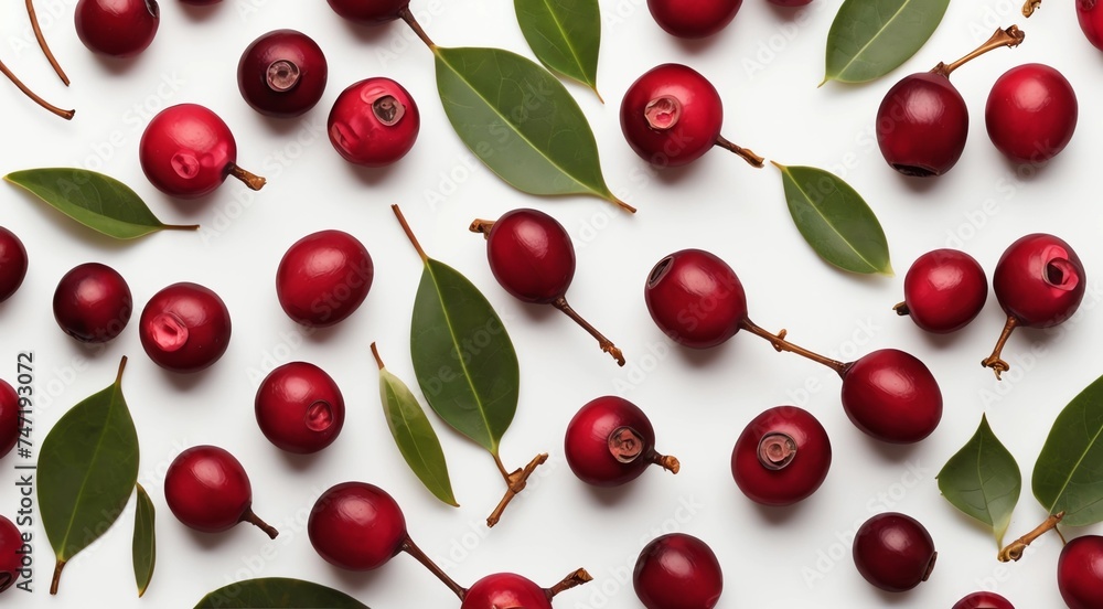 Cranberry with creative leaf pattern isolated on white background. Top view and flat lay, a lot of white empty space, text for advertising Cranberry with creative leaf pattern isolated on white background. Top view and flat lay, a lot of white empty space, text for advertising