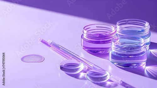 Eye contact lenses with solution and tweezer on a purple backdrop with a big space for text or product, Generative AI.