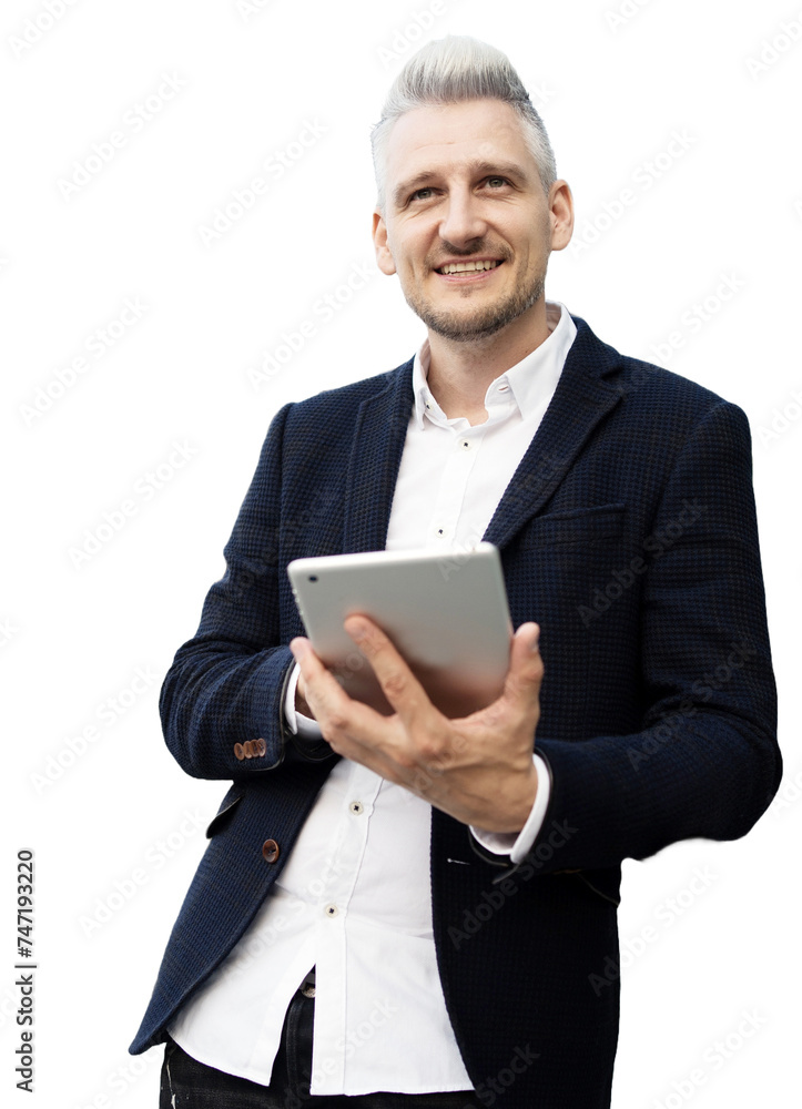 A male businessman manager uses a tablet, an isolated transparent background. A male businessman manager uses a tablet, an isolated transparent background.