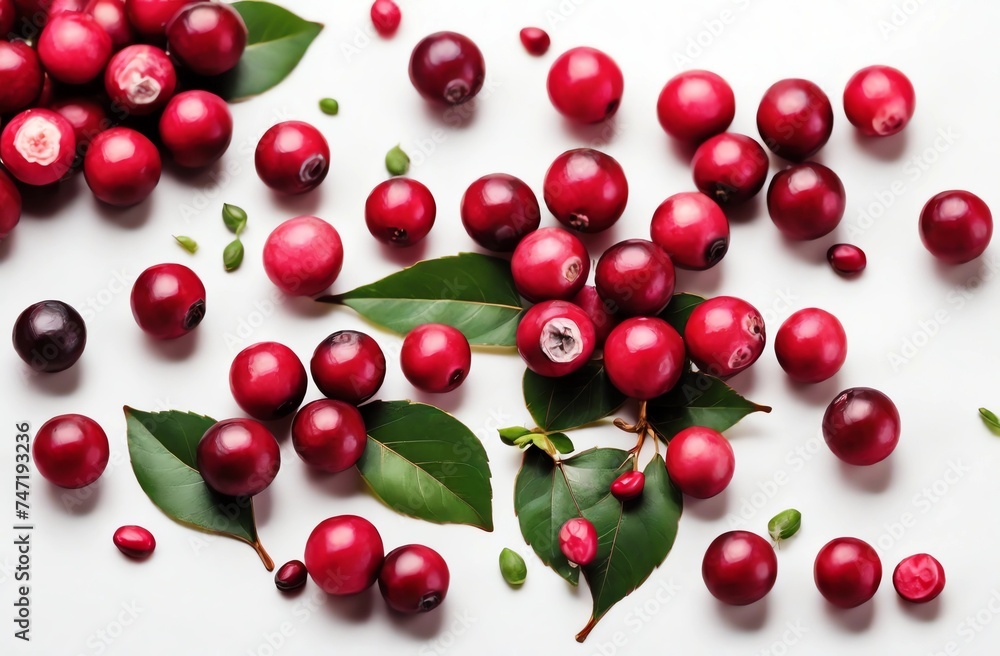 Cranberry with creative leaf pattern isolated on white background. Top view and flat lay, a lot of white empty space, text for advertising Cranberry with creative leaf pattern isolated on white background. Top view and flat lay, a lot of white empty space, text for advertising