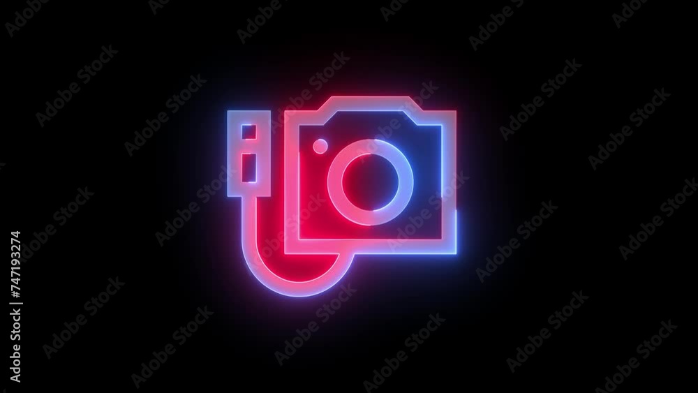 Neon attach camera icon blue red color glowing animation black background Neon attach camera icon blue red color glowing animation black background