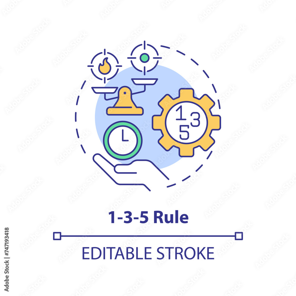 1-3-5 rule multi color concept icon. Workflow organization. Round shape line illustration. Abstract idea. Graphic design. Easy to use in infographic, promotional material, article, blog post