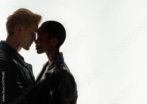 Black woman and blond man. Interracial couple concept. Valentines day. Couple in love. Silhouette of a loving couple embracing. Touching foreheads. Leather jacket. Love, Diversity and inclusion.
