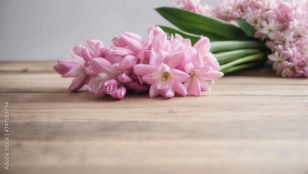A beautifully captured image of fresh pink hyacinth flowers lying on a rustic wooden table, invoking feelings of spring and rebirth A beautifully captured image of fresh pink hyacinth flowers lying on a rustic wooden table, invoking feelings of spring and rebirth
