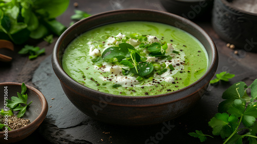 Beautiful slimming green soup, or cream soup with sour cream and greens on a beautiful dark background. generative ai