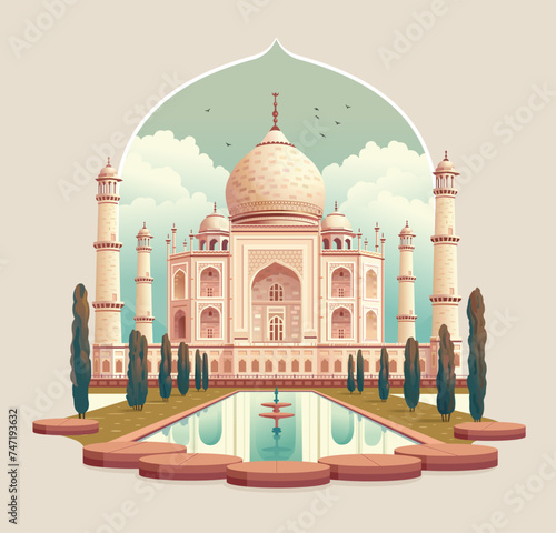 Taj Mahal is a palace in India. Mosque against the sky. Landmark, architecture, Hindu temple in the Indian city of Agra, Uttar Pradesh. Vector flat illustration