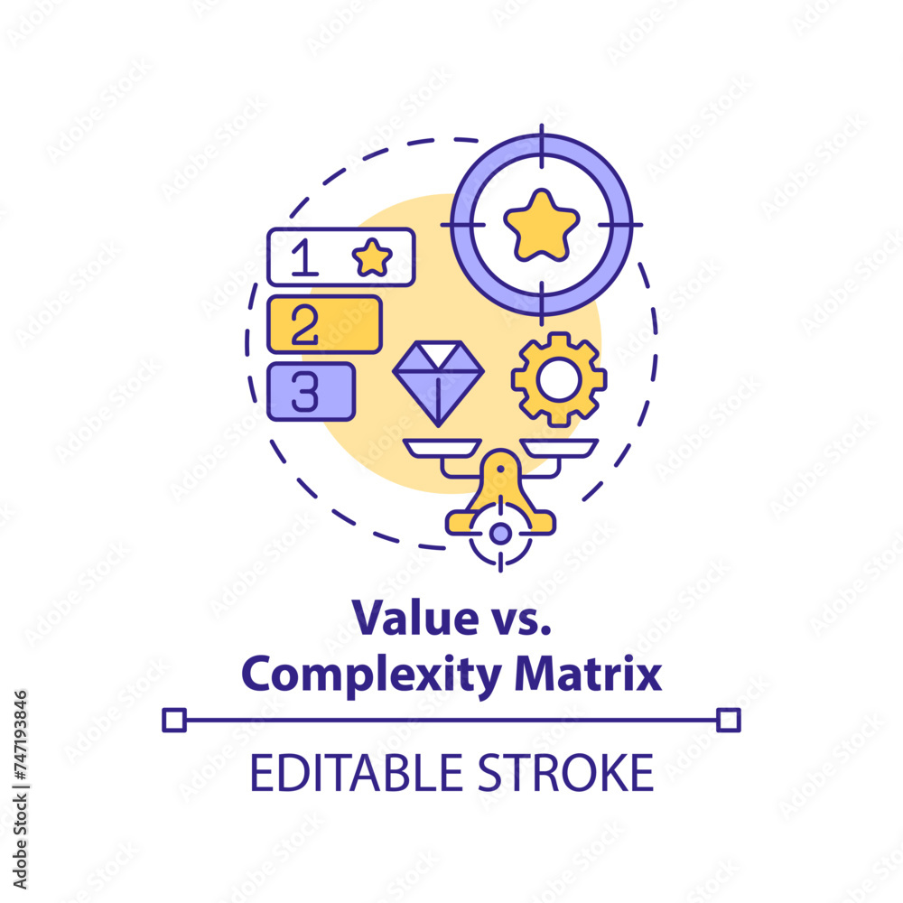 Value vs complexity multi color concept icon. Project management. Round shape line illustration. Abstract idea. Graphic design. Easy to use in infographic, promotional material, article, blog post Value vs complexity multi color concept icon. Project management. Round shape line illustration. Abstract idea. Graphic design. Easy to use in infographic, promotional material, article, blog post