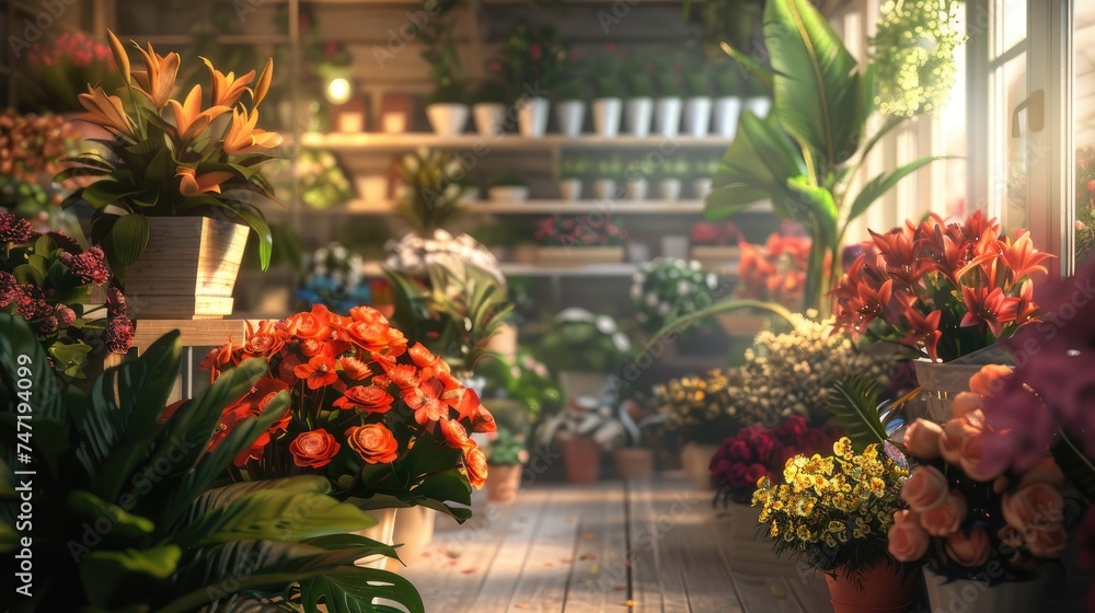 Fototapeta premium a flower shop, a wide-angle lens to encompass the entire scene, emphasizing the beauty and abundance of floral arrangements.