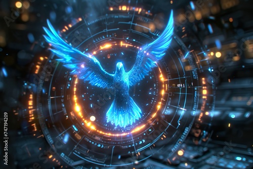 The outline of a blue phoenix, showcase interface cosmic background © jakapong
