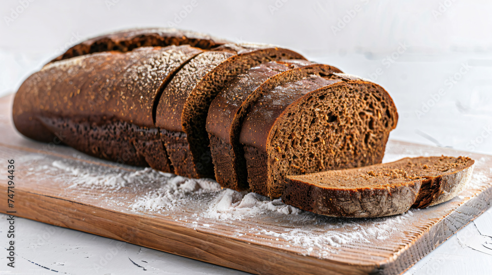 Fresh baked rye bread on white table