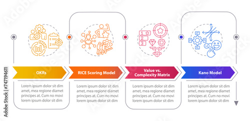 Prioritization frameworks rectangle infographic template. Data visualization with 4 steps. Editable timeline info chart. Workflow layout with line icons. Myriad Pro-Bold, Regular fonts used
