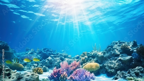 Underwater view of a colorful sea coral reef with fishes. Ocean ecosystem. Generative AI photo