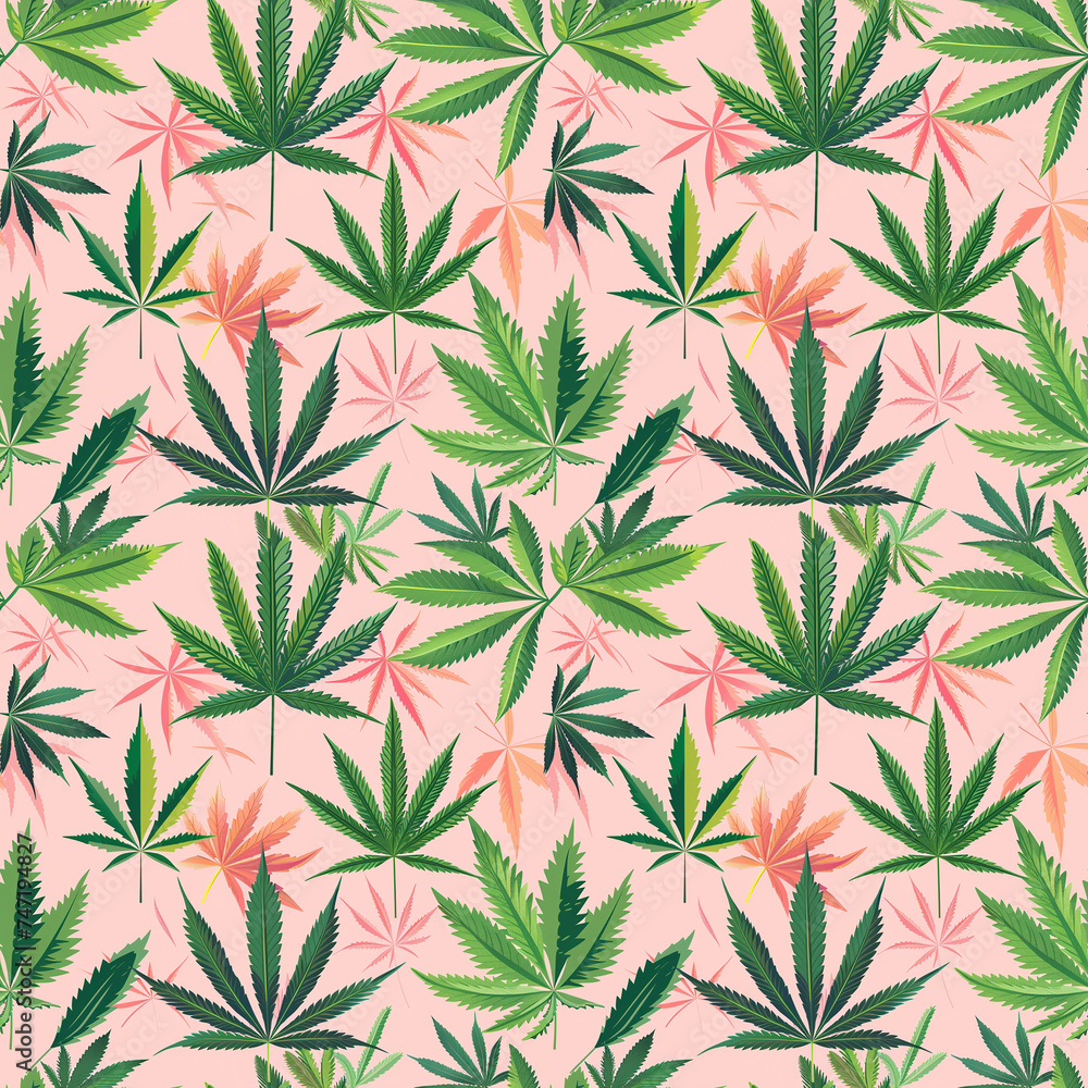 flat illustration seamless pattern green marijuana leaves on pink background flat illustration seamless pattern green marijuana leaves on pink background