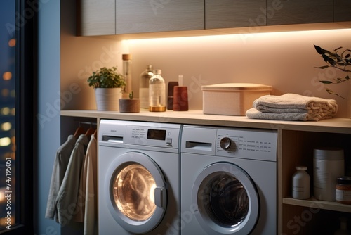 Wallpaper Mural Modern laundry room setting with laundry basket and washing machine, perfect for household chores. Torontodigital.ca
