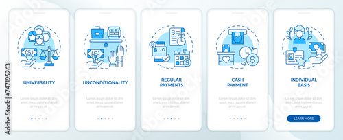 Wages and salaries blue onboarding mobile app screen. Unequal income. Walkthrough 5 steps editable graphic instructions with linear concepts. UI, UX, GUI template. Myriad Pro-Bold, Regular fonts used