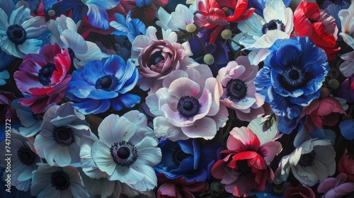 an assembly of stunning anemone flowers in opalescent hues and other vibrant colors  impasto painting techniques  render the floral arrangement with rich texture and depth.