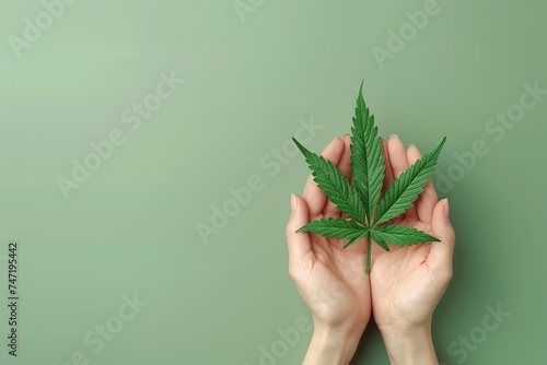 female hands holding marijuana leaf on light green background top view