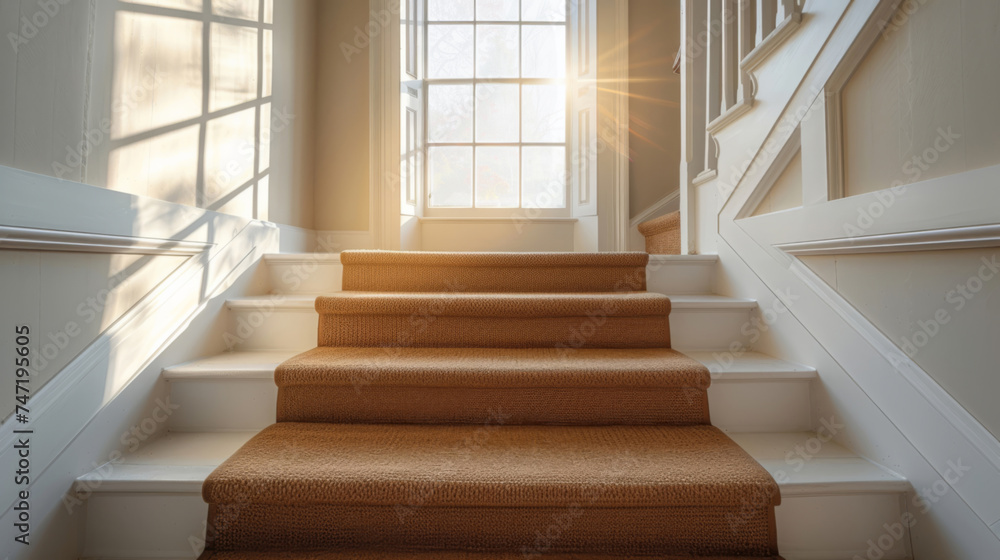 Stairs, interior and windows with an empty space in a modern home or office during summer. Family, home and wood floors in a luxury apartment for design, architecture or simplicity with staircase Stairs, interior and windows with an empty space in a modern home or office during summer. Family, home and wood floors in a luxury apartment for design, architecture or simplicity with staircase