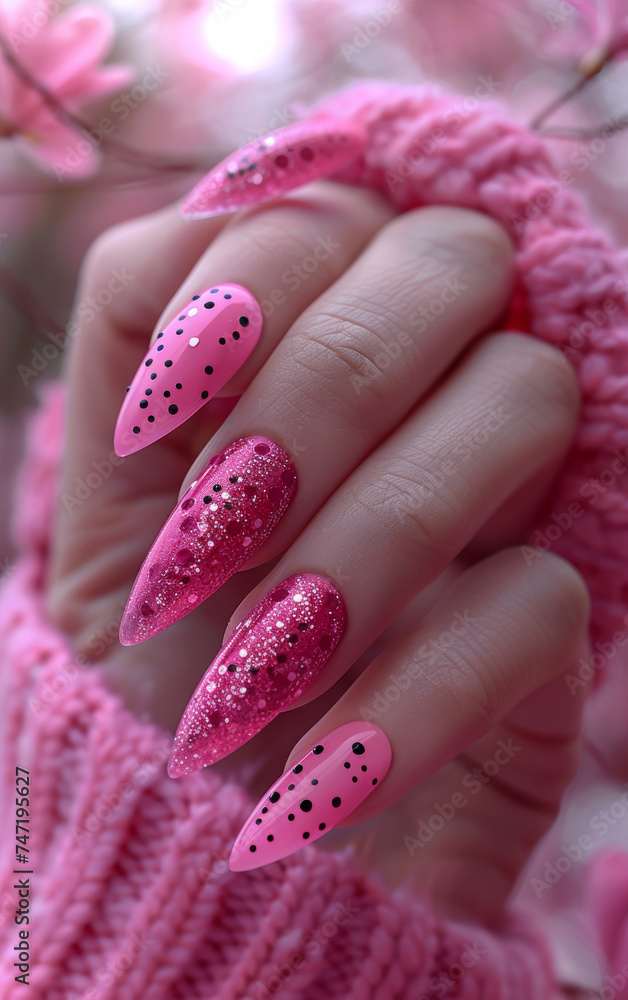 Long nails with pattern of pink watermelons Long nails with pattern of pink watermelons