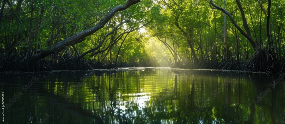 Tranquil river flowing through lush forest with vibrant green foliage reflecting in the water Tranquil river flowing through lush forest with vibrant green foliage reflecting in the water
