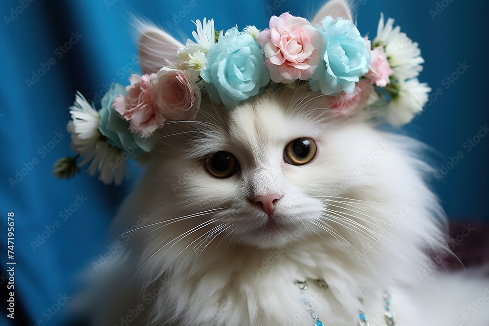 Fototapeta cute fluffy white cat with flowers crown on head on a blue background