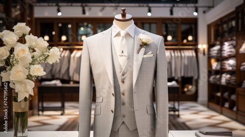 Luxurious suit displayed in mall with ample copy space for text or branding design