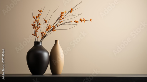 Fleurs et branchages oranges dans un vase noir. Arrière-plan de couleurs, beige, brun. Nature, plante, fleur. Printemps. Espace vide de composition. Fond pour conception et création graphique. photo
