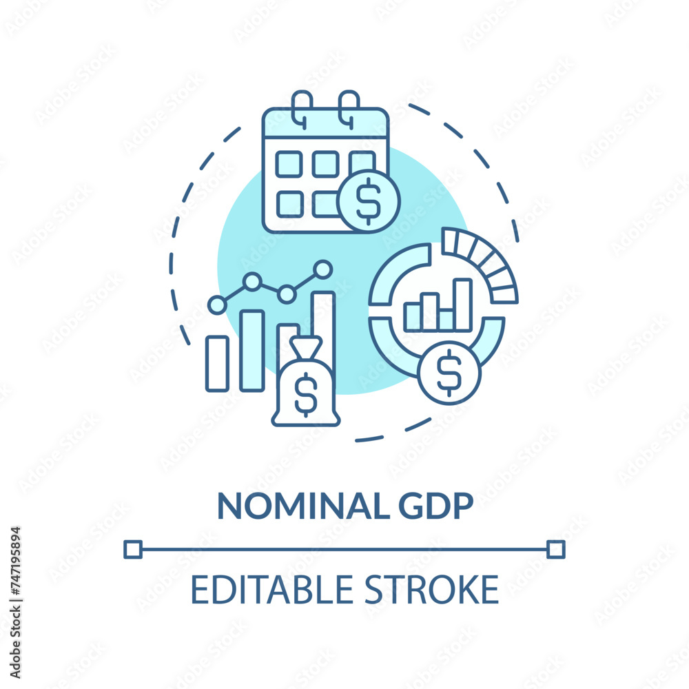 Nominal gdp soft blue concept icon. Economic indicator. Goods and services. National economy. Round shape line illustration. Abstract idea. Graphic design. Easy to use in brochure, booklet